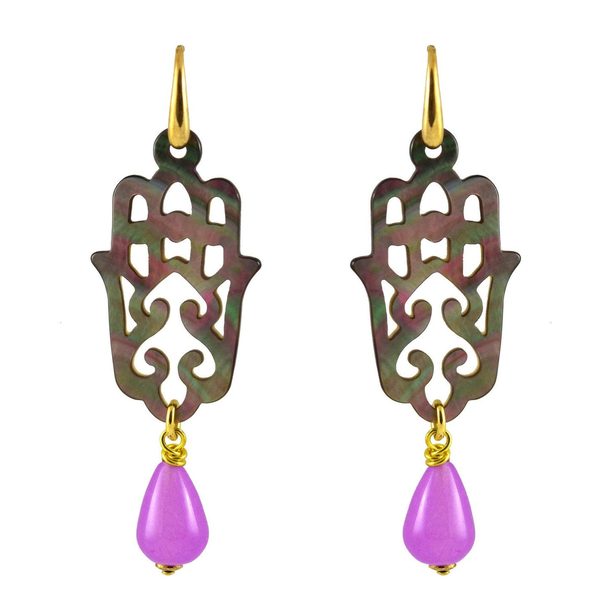 Miccy's | Grey MOP Hands With Purple Gemstone Drops | Shell Earrings