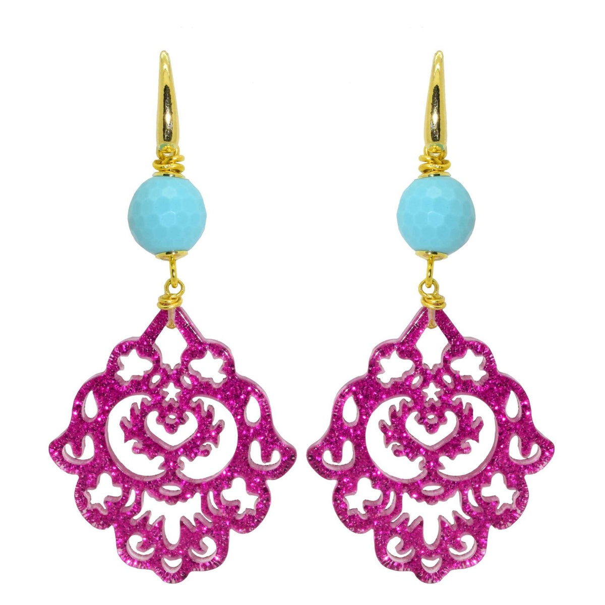 Miccy's | Pink Glitter Ornaments With Turquoise | Petite | Resin Earrings