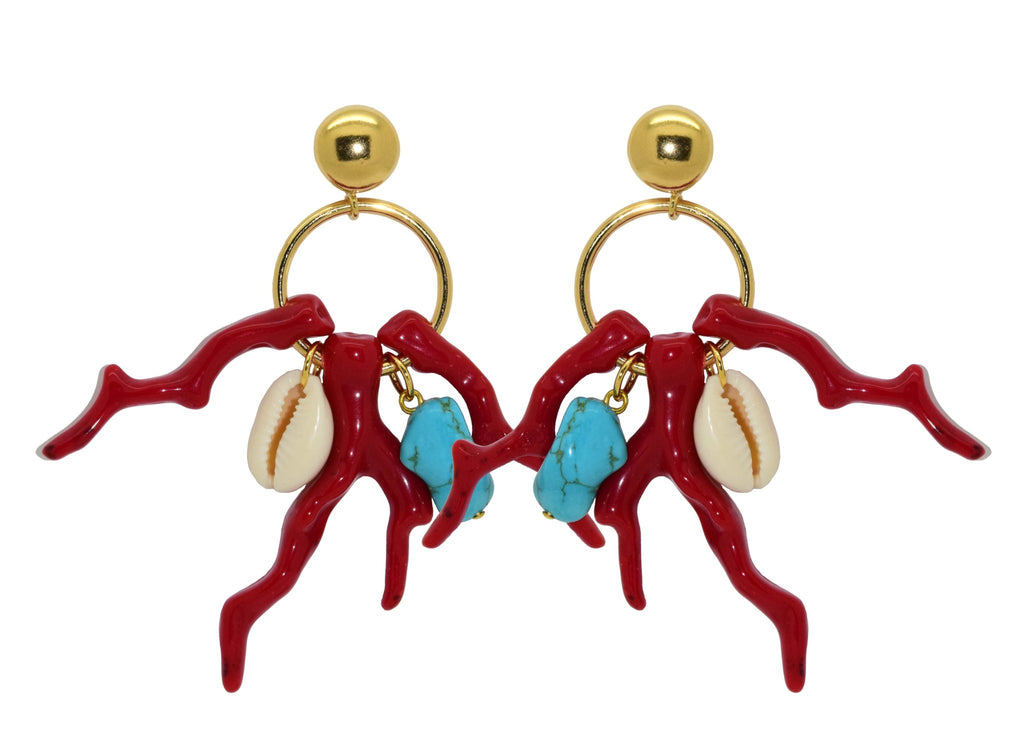 Miccy's | Red Coral Hoops with Turquoise and Cowrie | Resin Earrings